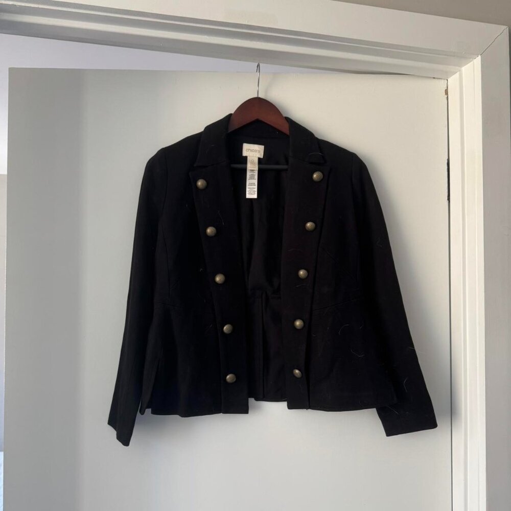 Chico’s black blazer jacket with gold design buttons